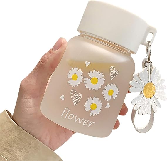 Cute Flower Glass Water Bottle with Lid & Daisy Keychain | Frosted Aesthetic Reusable Milk Juice Coffee Bottle| Leak Pro