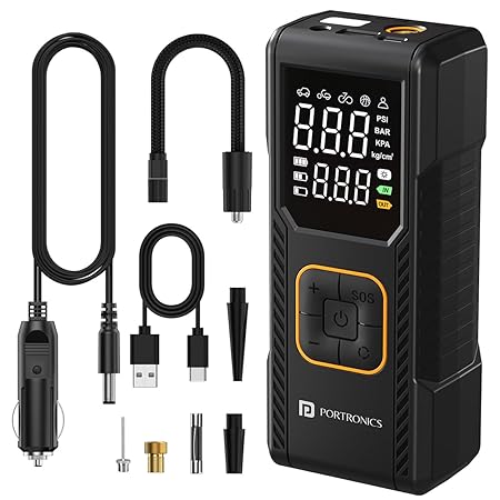 Portronics Vayu 9.0 Portable & Rechargeable Tyre Inflator with 2-in-1 Cordless & Corded Modes, 3×2000 mAh Battery, LED D
