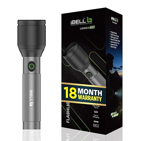 IBELL LUMINEX 850 Rechargeable Torch Light High Power,3 Light Modes,15w, 2200mah battery, Telescopic Zoom, Type C Charging, LED Flashlight, Long-Distance Range, for Home,Outdoor & Emergency Use (Grey)