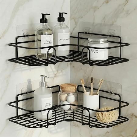DALUCI Set of 2 Metal Bathroom Corner Shelf Rack | No Drilling Self Adhesive Wall Mounted Storage Organizer for Bathroom