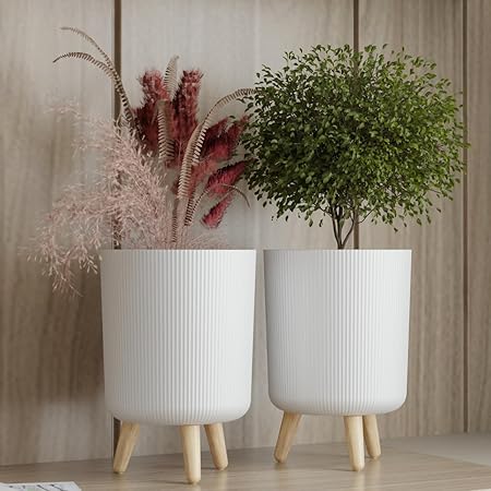 Copelle Modern White Flower Pot with Legs | Big Planter | Indoor Outdoor Planter for Home,Garden, Balcony Decor | Tall, Durable & Lightweight Planter | Italian Ribbed Design Stylex (Pack of 2)