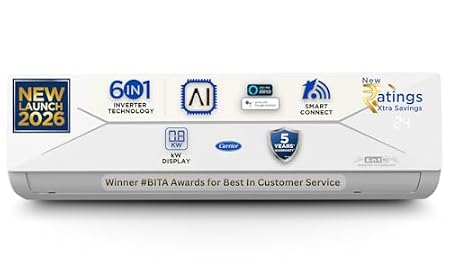 Carrier 2 Ton 3 Star, New Star rated, Wi-Fi Smart Flexicool Inverter Split AC (Copper, Convertible 6-in-1 with Wi-Fi wit