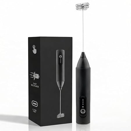 Electric Milk Frother Handheld, USB Rechargeable Coffee Frother Wand with 3 Speed Settings, Stainless Steel Whisk, Fast Recharge, Type-C Charging, for Coffee, Cappuccino, Latte, Matcha, Protein Shake