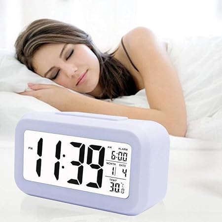 Rorian Digital Alarm Clock – Large LCD Display with Smart Backlight, Indoor Temperature, Date & Calendar, Battery Operated Portable Desktop Clock for Bedroom, Travel, and Office (White)
