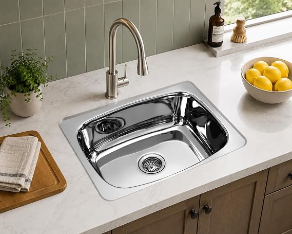 Stainless Steel Kitchen Sink 24x18 Inch | Large Single Bowl Sink for Kitchen | With Waste Coupling & PVC Drain Pipe | Du