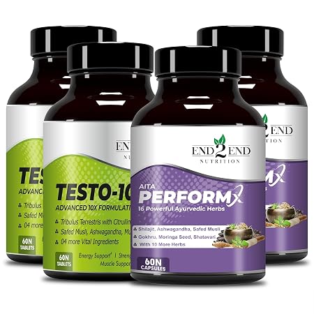 End2End Nutrition Testo-10X and PerformX Natural Testo Support Supplement for Men | Shilajit, Gokhru, Ashwagandha, Safed Musli | Strength, Stamina & Performance - (Combo Pack) 240N