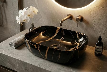 BATHBELLA Designer Ceramic Wash Basin For Bathroom | Over Counter Bathroom Basin | Counter Top Bathroom Sink | Wash Basin For Restaurant, Hotel (18 x13 x 5 Inch) (Black Gold Jelly)