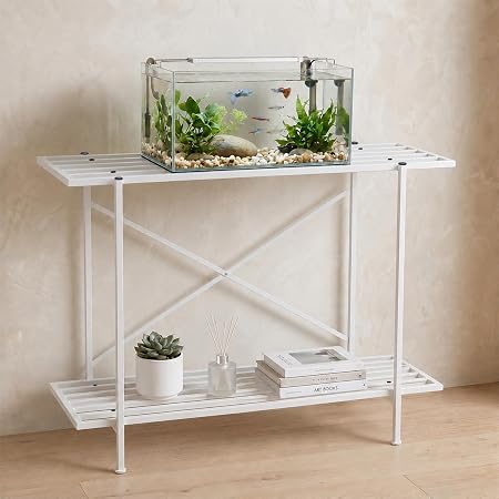 Amazon Basics 2-Tier Fish Tank Stand | Heavy-Duty Metal Aquarium Rack | Adjustable Feet | Multi-Purpose Storage Shelf | Rust-Resistant Powder Coated Finish | Easy Assembly | White | 88L x 29W x 74H cm