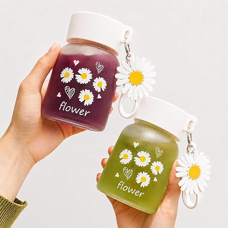 MOOZICO Cute Flower Glass Water Bottle with Lid & Daisy Keychain | Frosted Aesthetic Reusable Milk Juice Coffee Tumbler 