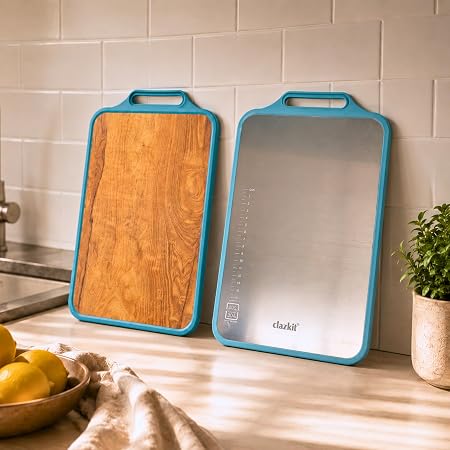 Clazkit Stainless Steel & Wooden Dual Side Chopping Board with Handle | Food-Grade Stainless Steel & Natural Wood | Durable Kitchen Chopping Board for Vegetables, Fruits (36.5 x 23 x 0.1cm)