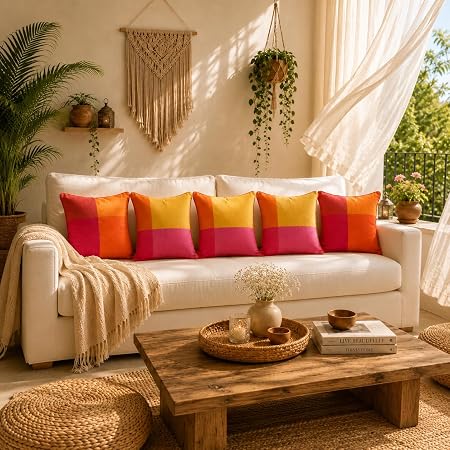 RANGBHAR Handloom 100% Cotton Cushion Cover Set of 5 | Cushion with All-Around Piping for Premium Finish | 16x16 Inches Hand Woven Striped Cushion Covers | Mustard Orange