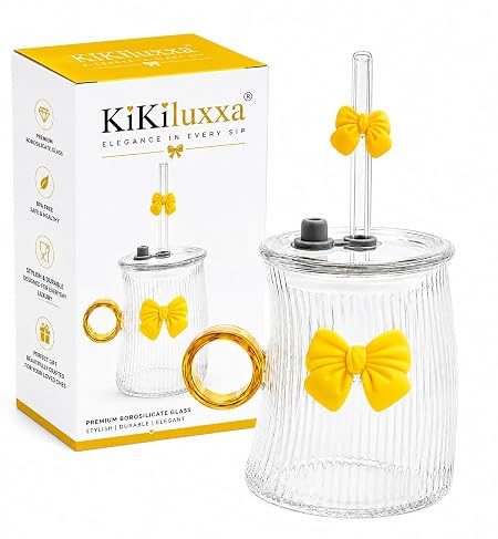 KiKiluxxa Glass Water Sipper with Straw | Cute Bow Design Tumbler | Leak Proof Drinking Cup with Lid | Stylish Reusable Mug for Girls, Office, School & Travel (Citrine Glow Yellow)
